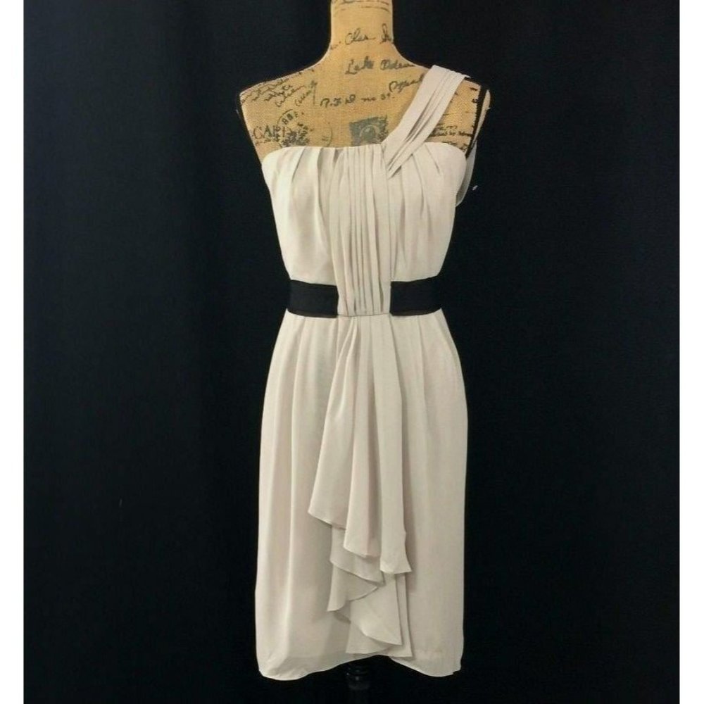 NEW 14 Large Dress MAX AND CLEO Fossil Gray 1 Shoulder Pleat Black Ribbon Party